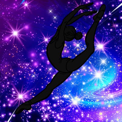 gymnast doing a leap in a leotard with a bent back leg