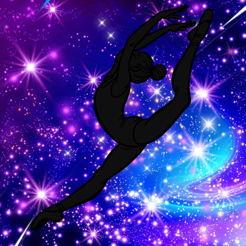 gymnast doing a leap in a leotard with a bent back leg