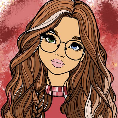 girl with long hair and freckles and glasses realistic