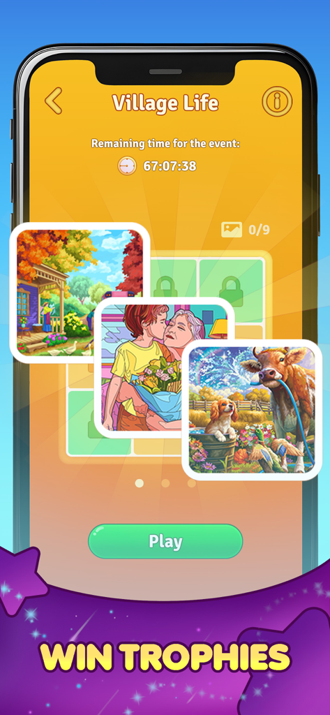 Number Match : Ten Pair - Screenshot of the Village Life event in Number Match Ten Pair showing artistic trophies and a play button.