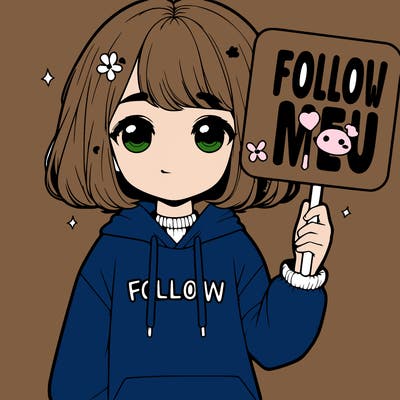 cute realistic girl holding up a sign that says follow me