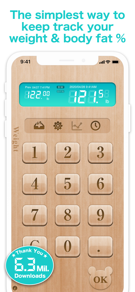Simple Weight - Weight Loss - Simple Weight app interface with a wood-themed numeric keypad for tracking weight and body fat