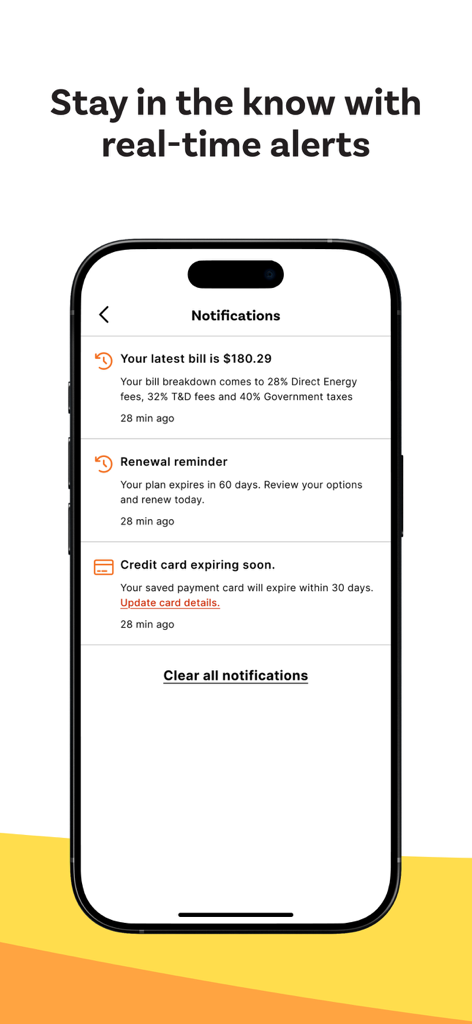 Direct Energy Canada - Direct Energy Canada app screen showing real-time alerts for energy bills and plan renewals