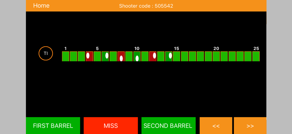 TrapTrainer app interface for recording shooting performance and target results across 25 targets