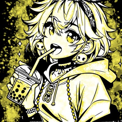 hot baddie anime girl drinking boba and biting the straw