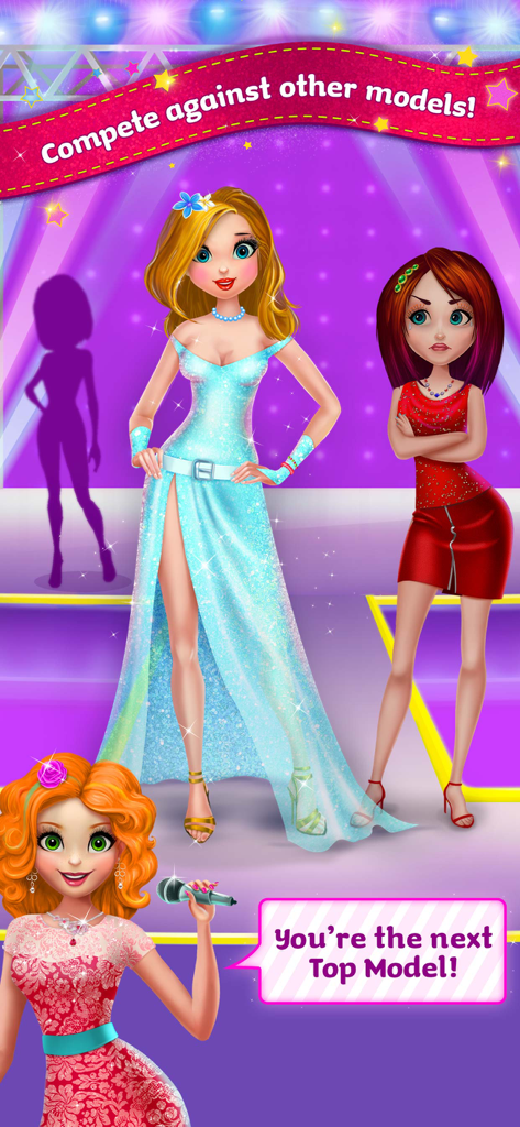 Three fashion models competing on a purple stage with a microphone and glittery outfits.