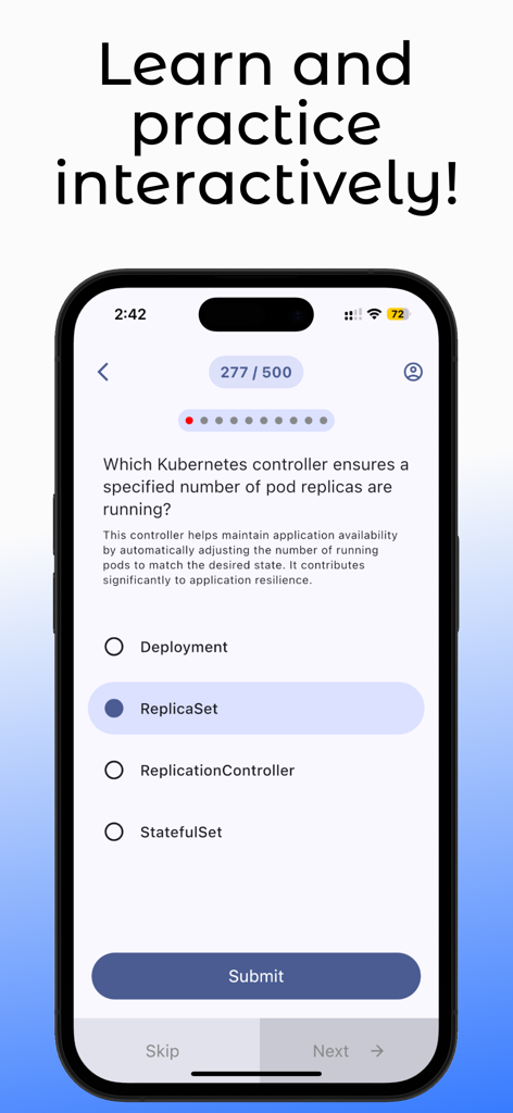 CKA Kubernetes Exam Prep - La aplicación CKA Kubernetes Exam Prep mostrando un cuestionario interactivo de práctica sobre controladores ReplicaSet.