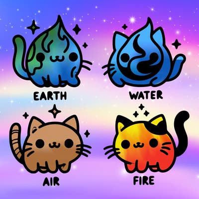 4 cats that represent the different elements, earth, water, air, and fire