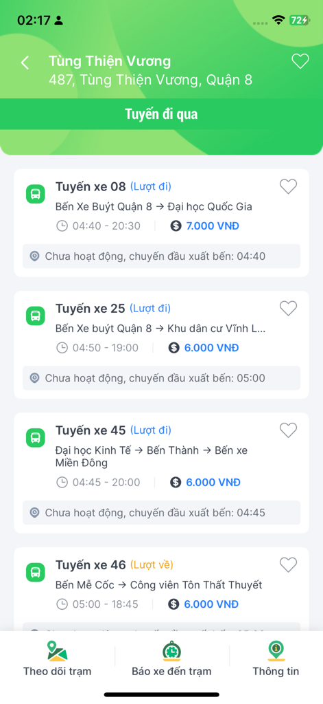 MultiGo - A list of public bus routes in Ho Chi Minh City showing line numbers, operation times, and ticket prices in Vietnamese Dong.