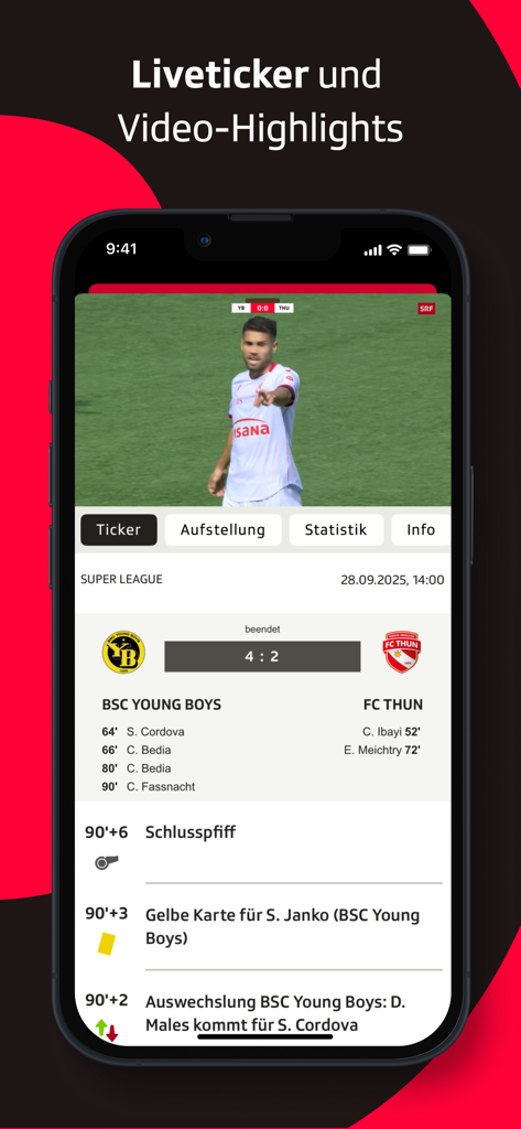 Ein Smartphone zeigt die SRF Sport App mit Live-Ticker, Spielergebnissen und Video-Highlights für ein Fussballspiel der Schweizer Super League.