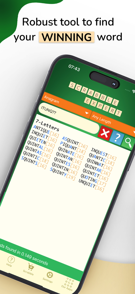 Word Expert app interface showing a list of seven letter anagrams with point scores for Scrabble players.