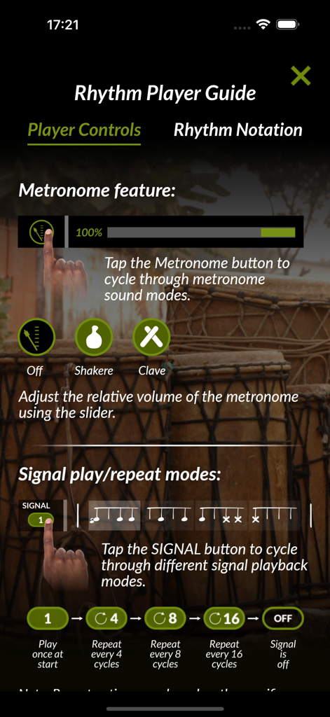djembeföla! - Rhythm player guide for the djembefola app showing metronome sound modes and signal repeat settings