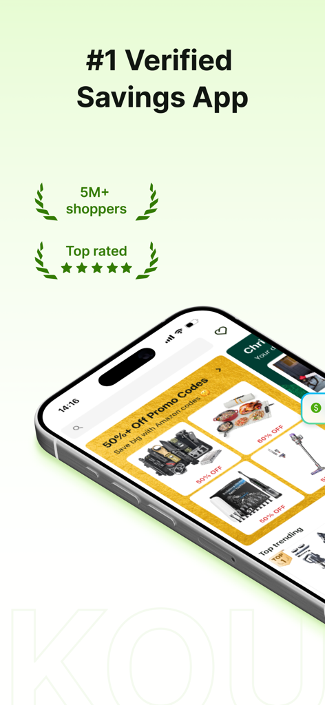 Koupon app display showing verified promo codes and a five star rating for top retail deals