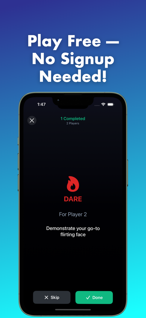 Truth or Dare Adults Only - Truth or Dare Adults Only mobile app screenshot showing a dare challenge and the no signup feature