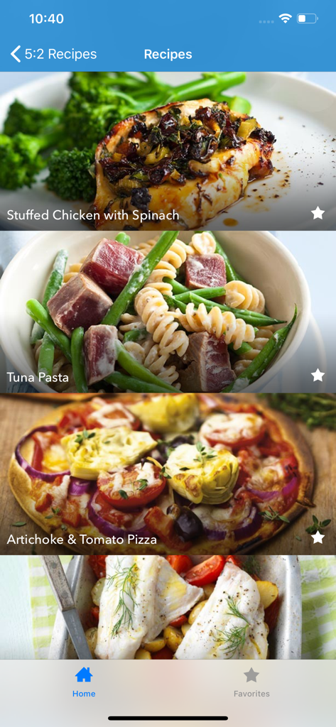 5:2 Fasting Diet Recipes - スタッフィングチキンやピザなど、健康的な5:2ダイエットレシピを表示しているアプリのインターフェース。