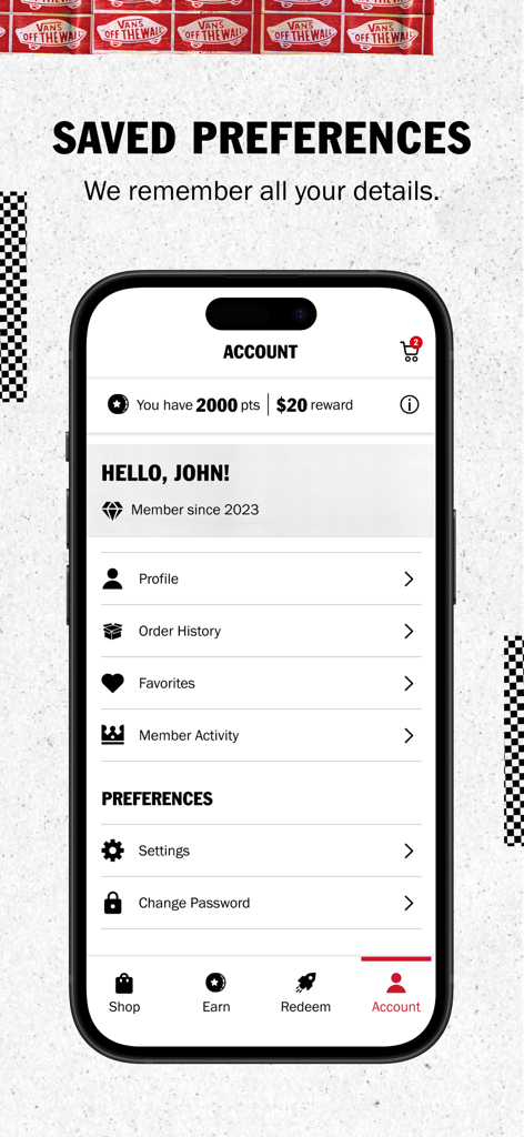 Vans Family - Vans Family app account interface showing member rewards points and profile settings