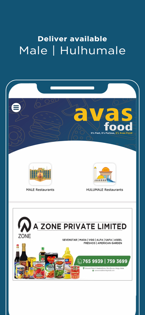 AVAS Food mobile app interface showing restaurant delivery options for Male and Hulhumale in the Maldives