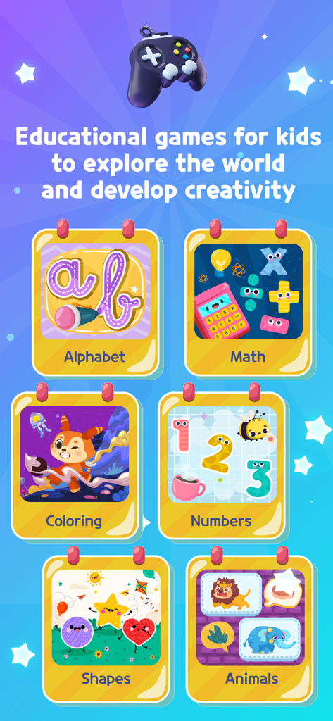Main menu screen showing educational game categories for children including alphabet math coloring and numbers