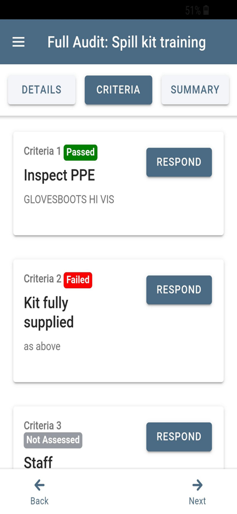 MY Audits - Mobile screen showing safety audit criteria for spill kit training with passed and failed status indicators