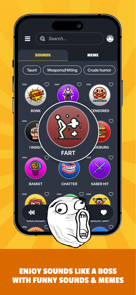 Sounds Effects by Whatsticker - Uma interface móvel para Efeitos Sonoros da Whatsticker mostrando uma biblioteca de sons e memes engraçados com um grande botão de som de pum em destaque.