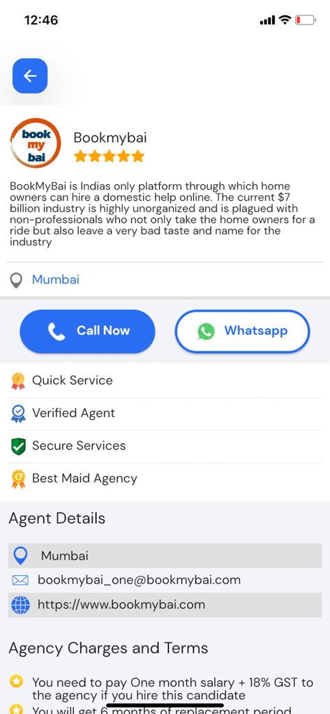 Une capture d'écran de l'application Bookmybai affichant le profil d'une agence d'aide domestique vérifiée à Mumbai avec des boutons de contact