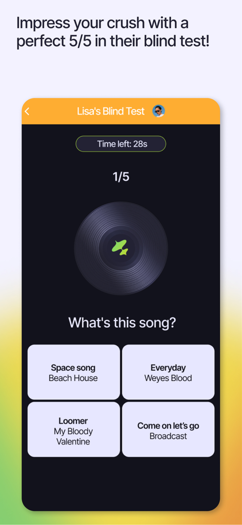 Turn-Up - Interface de test à l'aveugle musical de l'application Turn-Up montrant un quiz de devinette de chanson avec des options à choix multiples.