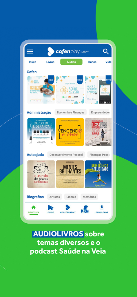 Cofenplay+ - Screenshot of the Cofenplay app interface showing a selection of nursing audiobooks and the Saude na Veia podcast.