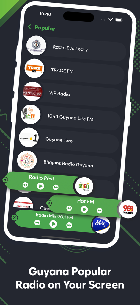 Live Guyana Radio Stations - Smartphone screen showing a list of popular Guyana radio stations with playback controls