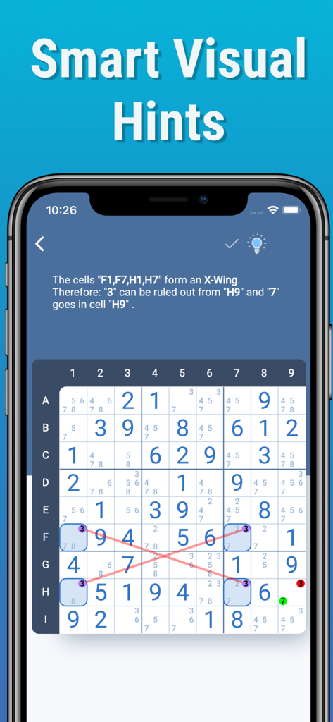 Sudoku & Variants by Logic Wiz - Logic Wiz Sudoku smart hint explaining the X-Wing logic strategy