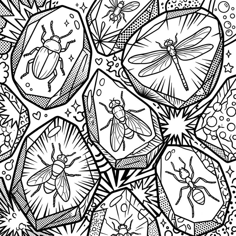 Unearth a prehistoric world with a modern twist on this captivating coloring page featuring ancient insects preserved in amber. This unique Pop Art design blends history and contemporary style for an engaging and vibrant coloring experience.
