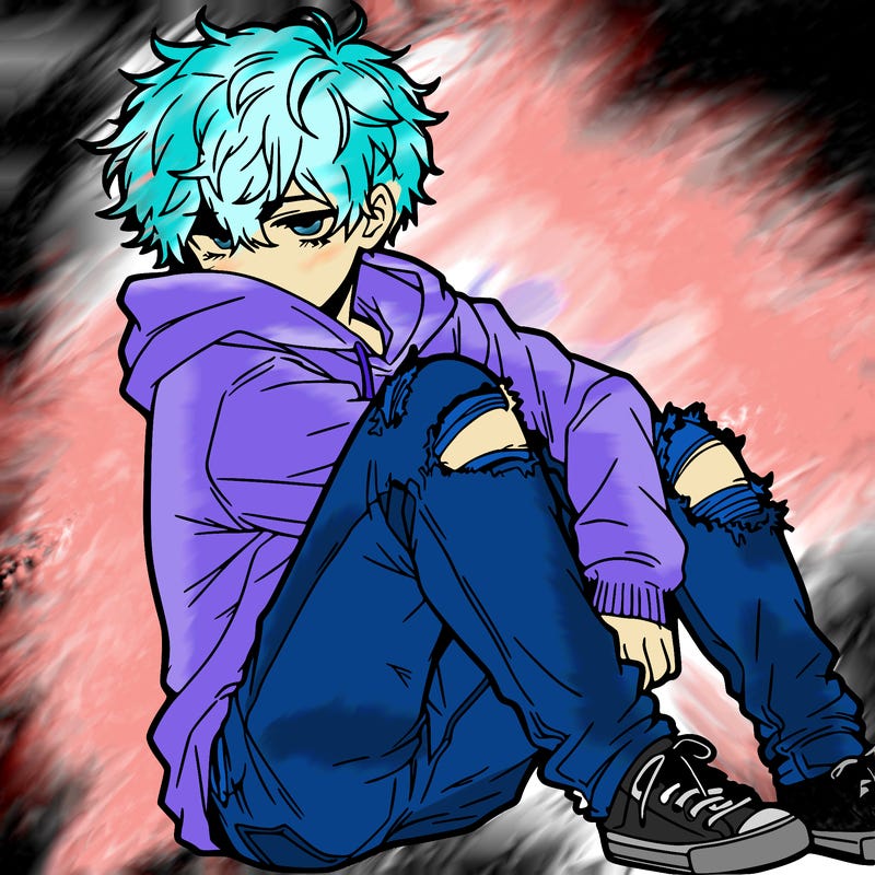 a male hoddie ripped jeans messy hair anime