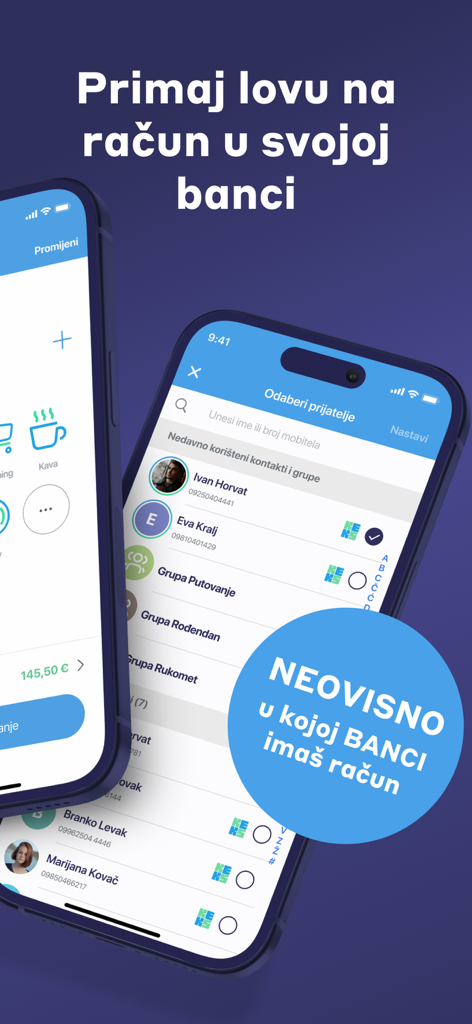 KEKS Pay - Interfaz de la aplicación móvil KEKS Pay que muestra una lista de contactos y grupos sociales para enviar dinero independientemente del banco