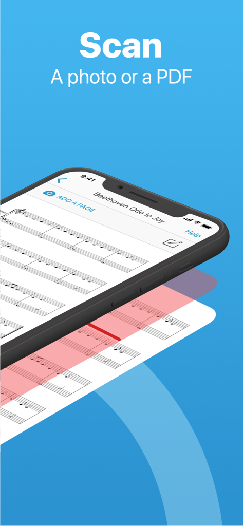 Smartphone scanning a sheet music photo to convert it into digital format