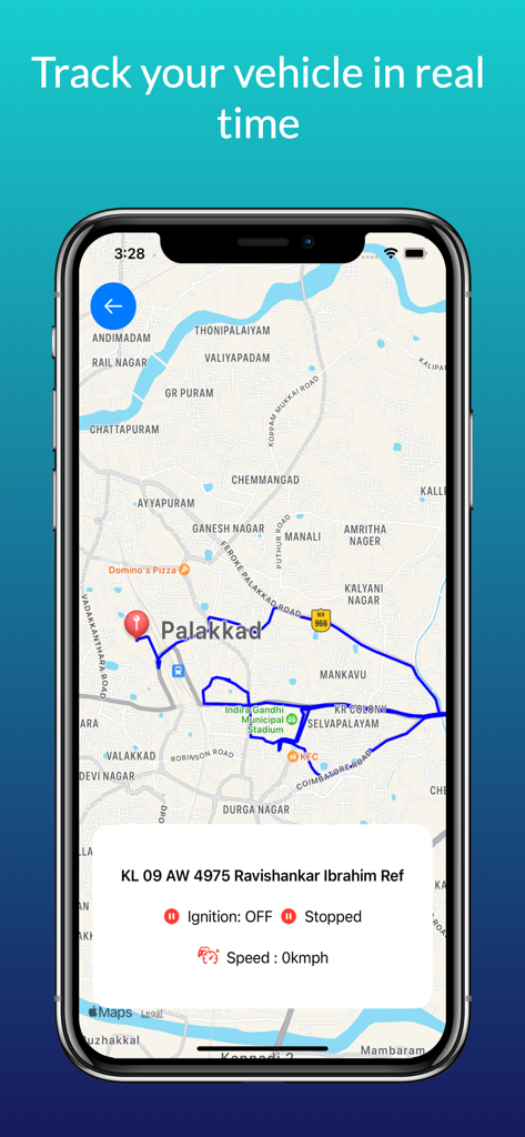 TrackX.io - Interface do aplicativo TrackX.io exibindo a localização e o status do veículo em tempo real em um mapa.