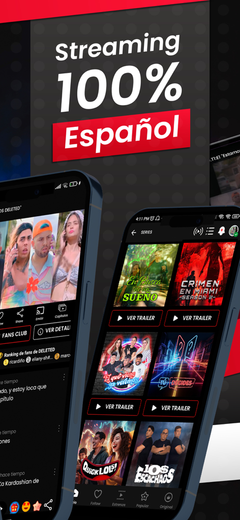 PRONYR TV - Interface do aplicativo PRONYR TV mostrando séries em espanhol e o texto Streaming 100 por cento Espanhol