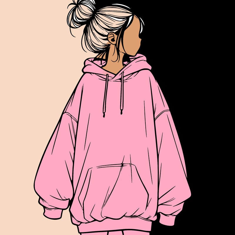realistic girl with a oversized sweatshirt on and a bun