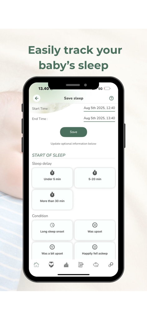 iZzzleep – Baby Sleep Coach - Interface of the iZzzleep baby sleep coach app showing the save sleep screen with options to track sleep times and the baby's mood