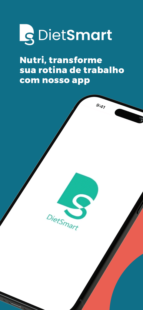 Tela inicial do aplicativo móvel DietSmart exibida em um iPhone com o logotipo da empresa e uma mensagem em português para nutricionistas