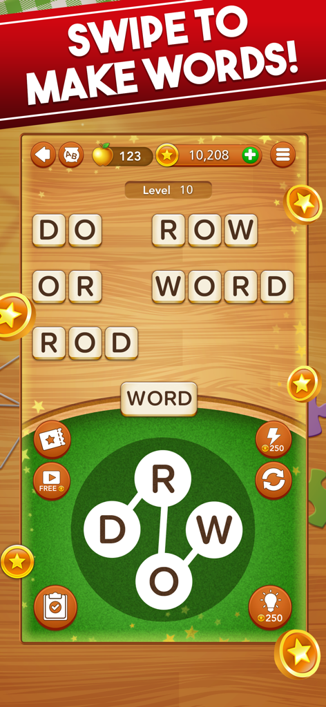Word Collect : Word Search - A gameplay screen of Word Collect showing how to swipe letters to form words like WORD and ROW