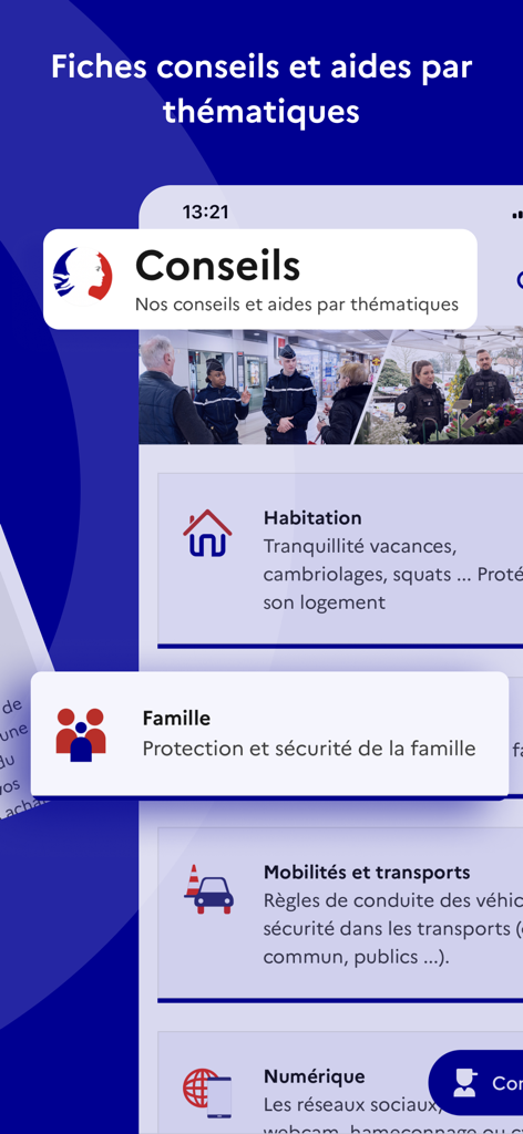 Interface of the Ma Securite app showing themed safety advice categories for housing, family and transport