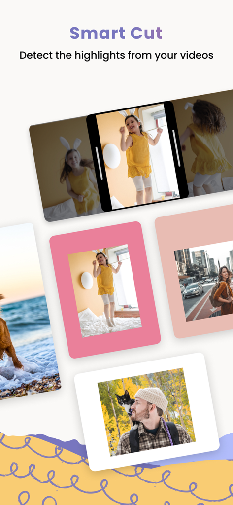 VDO Video Maker by PicCollage - Interfaz de Smart Cut de VDO Video Maker que muestra los momentos destacados del video detectados por IA en marcos elegantes