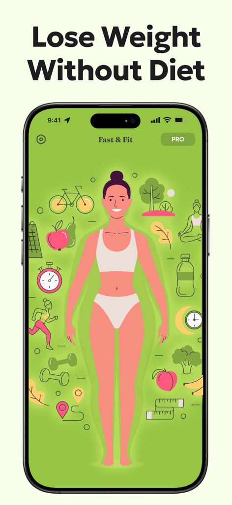 Pantalla de inicio de la app Fast and Fit mostrando una ilustración de estilo de vida saludable con iconos de comida, ejercicio y seguimiento bajo el encabezado Pierde Peso Sin Dieta
