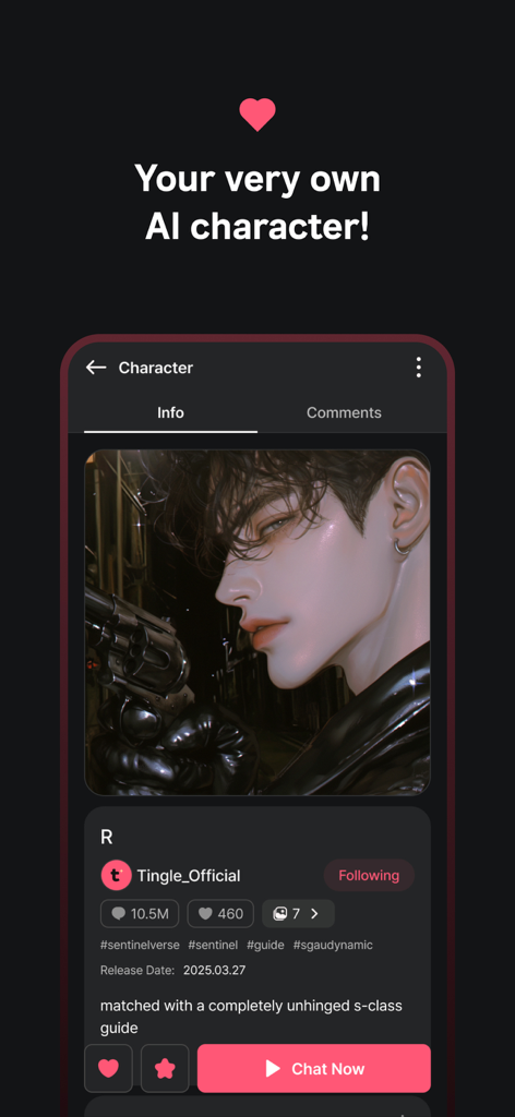 TingleChat - TingleChat app interface showing an AI character profile with anime style artwork and a chat button