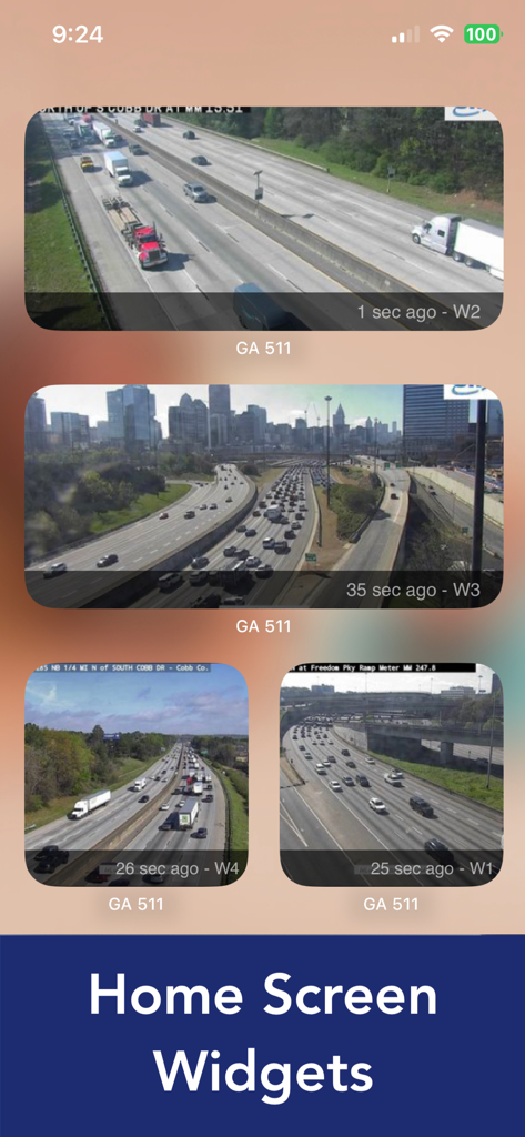 iOS home screen widgets displaying live traffic camera feeds from Georgia highways