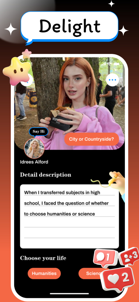 Viewr：Video Chat & Share Life - A screenshot of the Viewr app showing an interactive user post with personal life choices and video chat options.