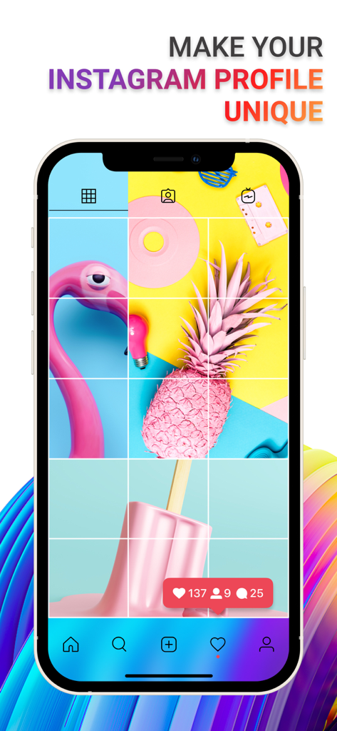 Un smartphone que muestra un diseño de cuadrícula colorido de 3x4 para una vista previa del perfil de Instagram.