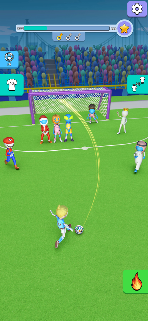 A player character aims a free kick in the Kick It Fun Soccer mobile game against a wall of humorous defenders.