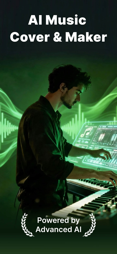 AI Cover&Music Maker ·Bach AI - Un creador digital usando una estación de trabajo de música IA futurista con efectos visuales verdes brillantes.