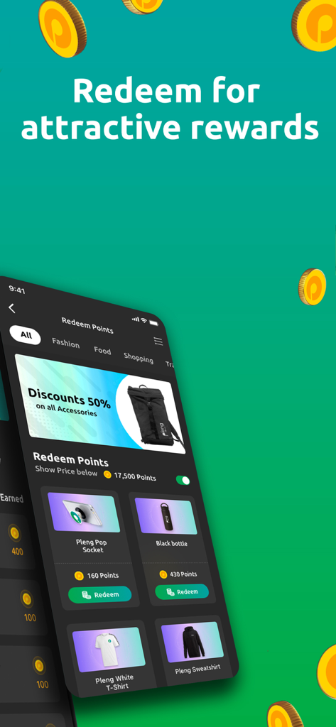 Pleng music app screen showing how users can redeem earned points for rewards like merchandise and accessory discounts