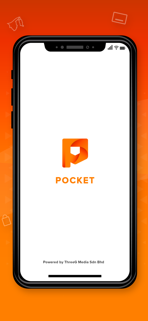 Pocket app splash screen showing the orange P logo and name on a white background with an orange gradient frame
